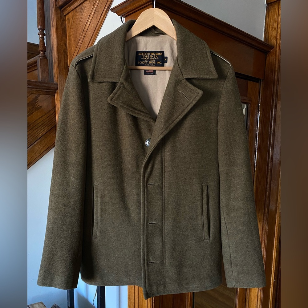 Scott Bros, made in USA, army green, pea coat, wool and canvas lining.